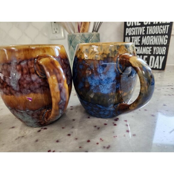 Set of Vintage Mugs McIntosh oz Brown and Blue Abstract Drip Glaze Glossy 12 oz - Picture 4 of 5